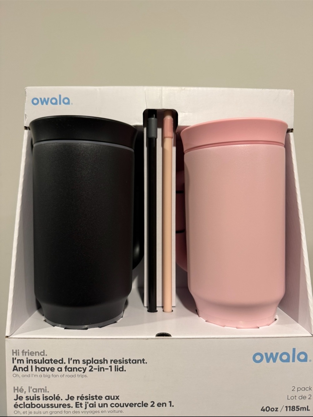 Owala 2-Pack Insulated Travel Mugs - Black & Pink
